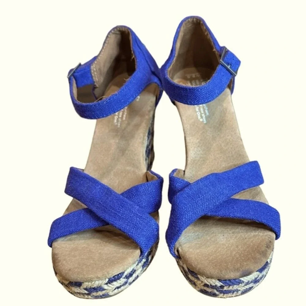 TOMS Espadrille Wedge Sandals‎ Women 8.5 Blue Good Canvas Buckle Strappy